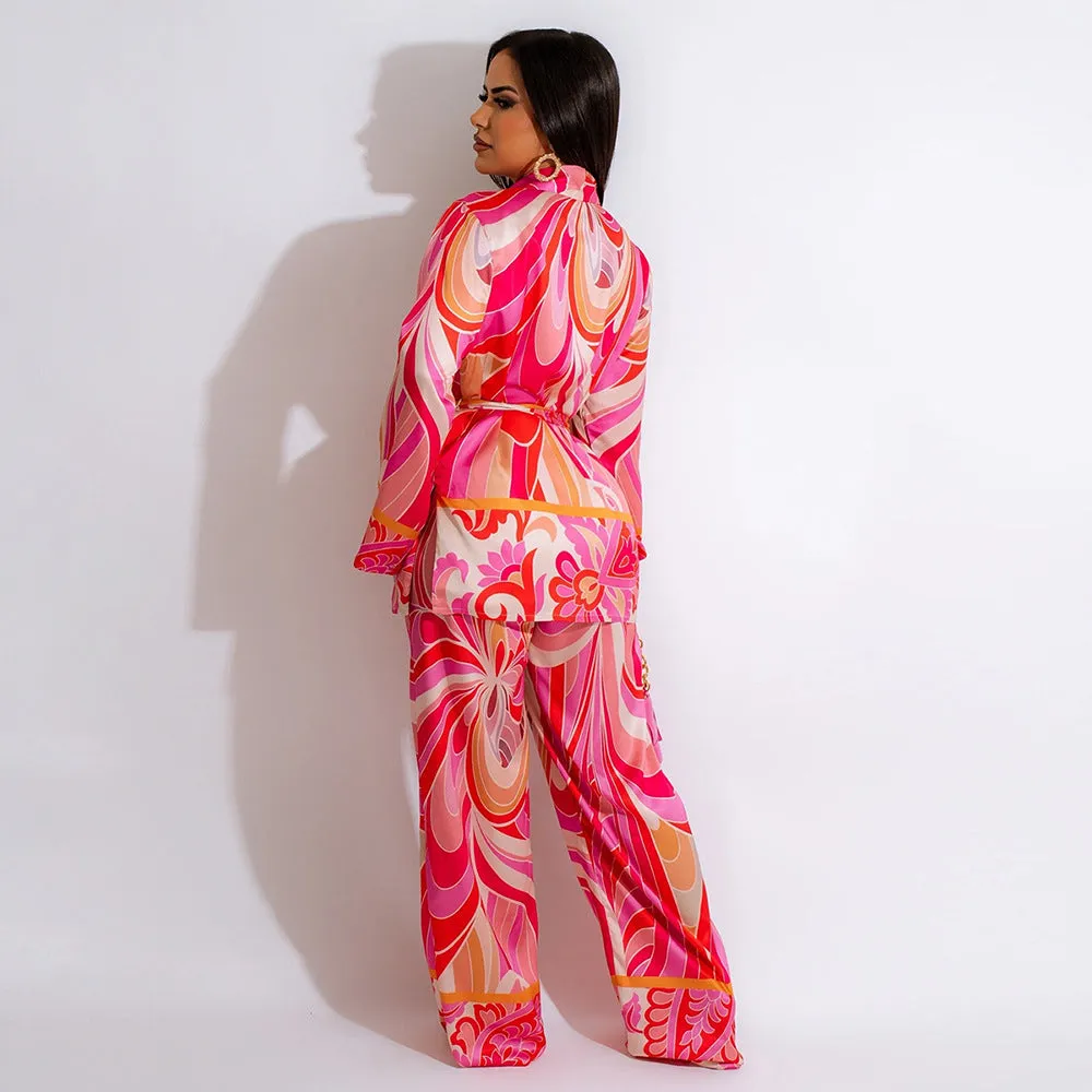 Sexy Pink Abstract Print 3 Piece Pants Set