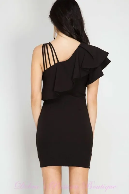 She   Sky Bodycon Strappy One Shoulder Ruffle Dress - Black