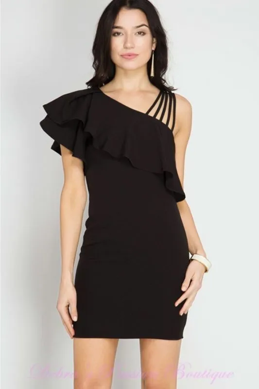 She   Sky Bodycon Strappy One Shoulder Ruffle Dress - Black