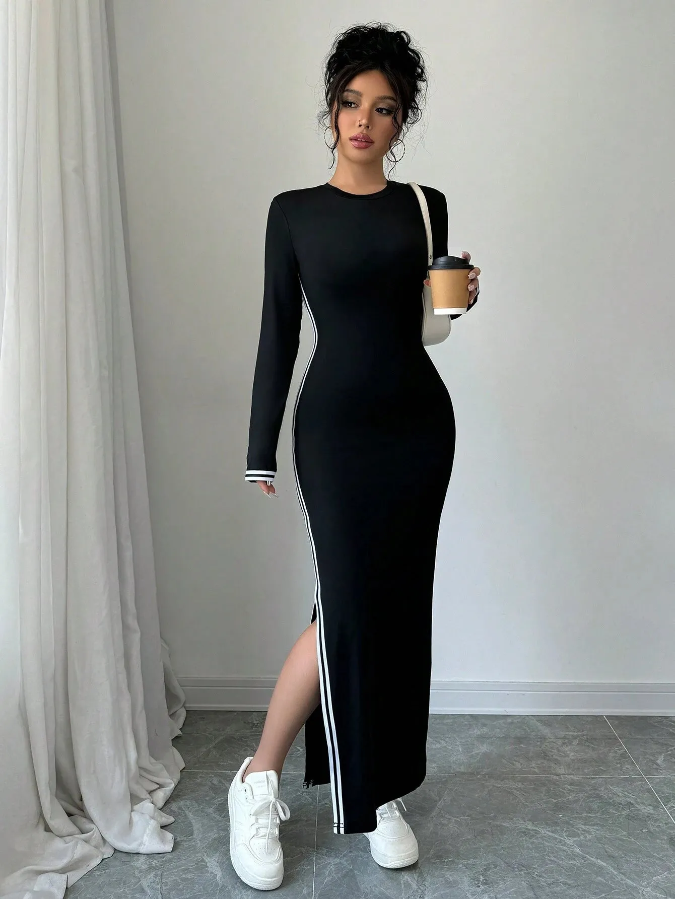 SHEIN Raffinéa Women Contrast Color Patchwork Round Neck Long Sleeve Single Side Slit Dress Maxi Women Outfit