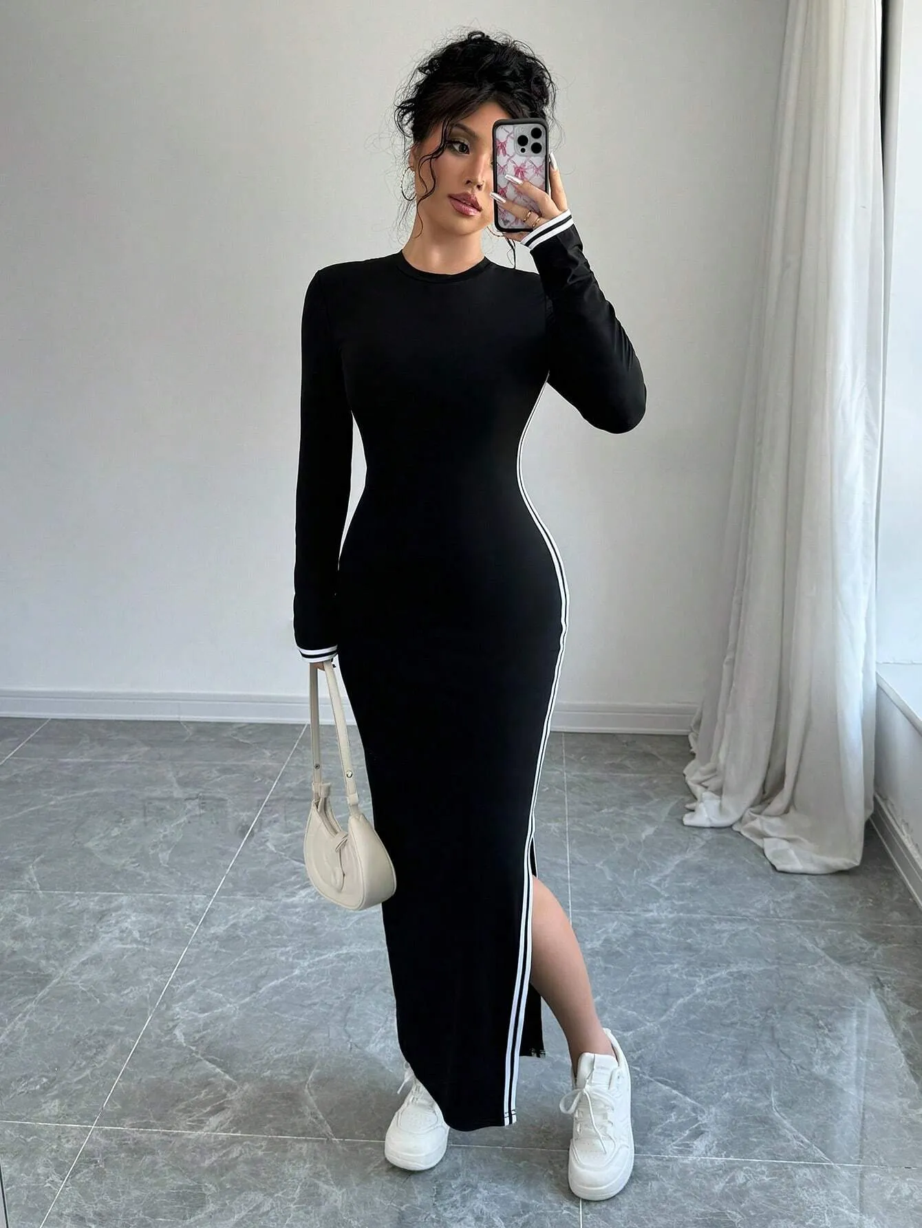 SHEIN Raffinéa Women Contrast Color Patchwork Round Neck Long Sleeve Single Side Slit Dress Maxi Women Outfit