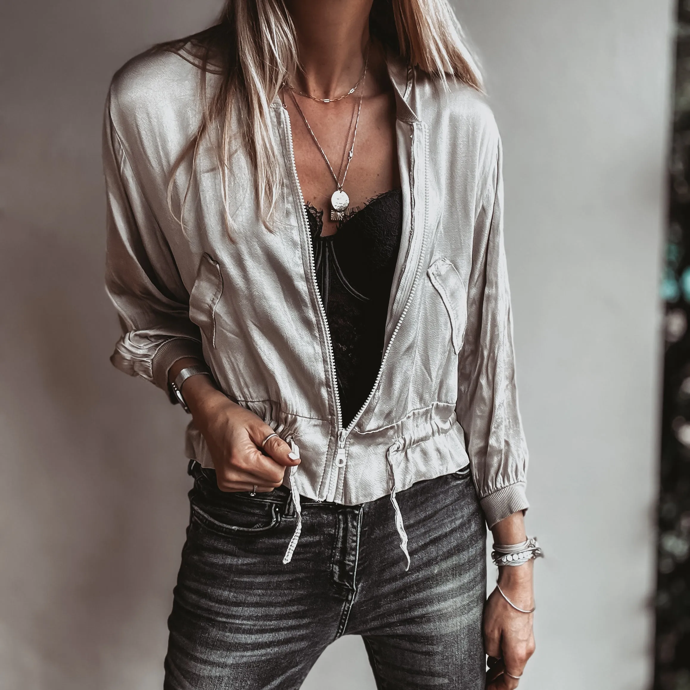 SILVER CHAMPAGNE Satin bomber top  *NEW*