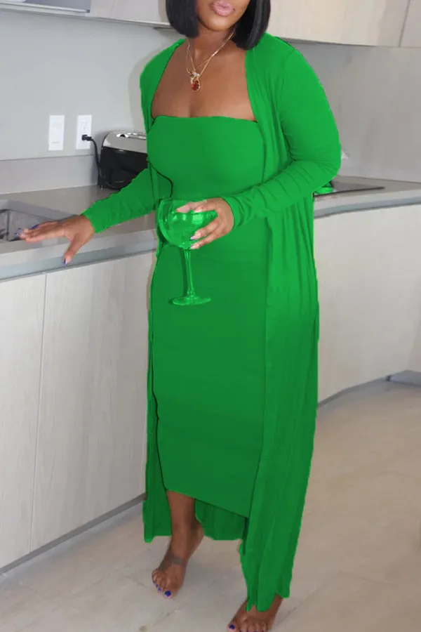 Solid Color Tube Dress Cardigan Set