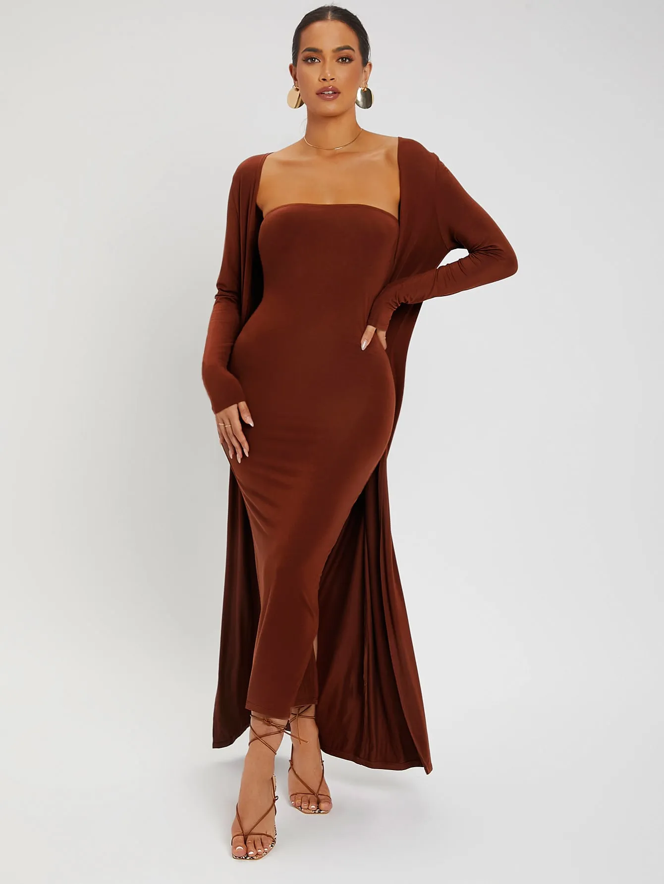 Split Hem Tube Bodycon Dress Open Front Coat