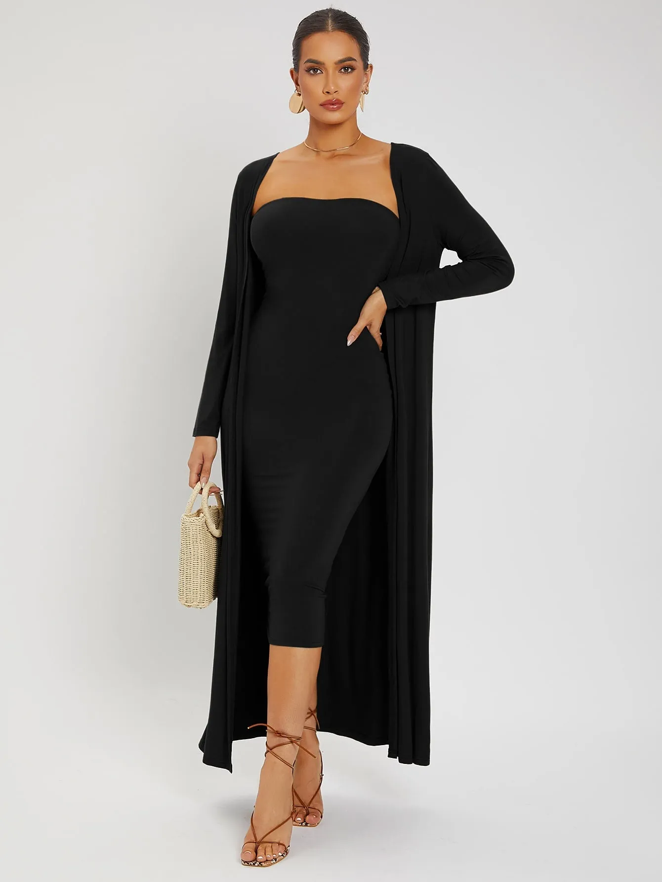 Split Hem Tube Bodycon Dress Open Front Coat