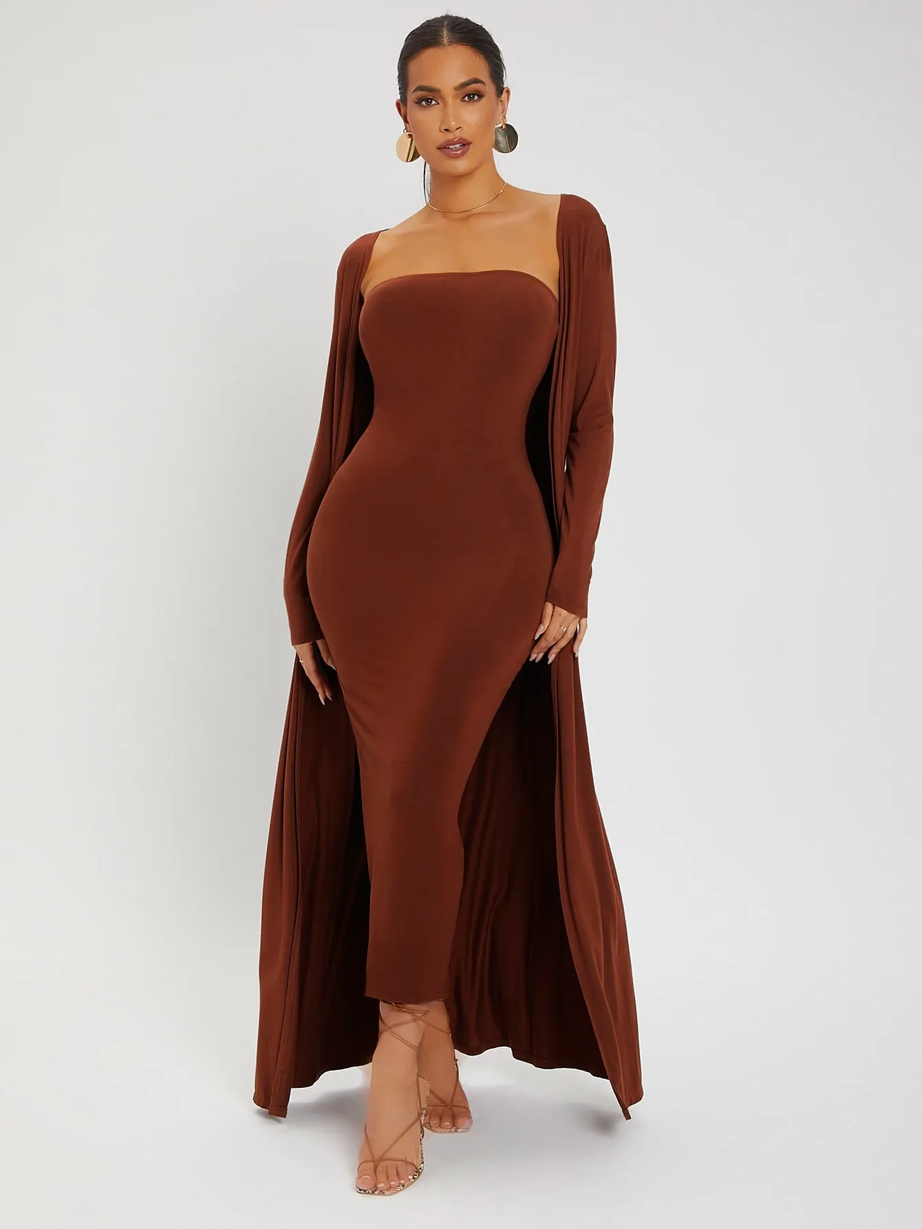 Split Hem Tube Bodycon Dress Open Front Coat