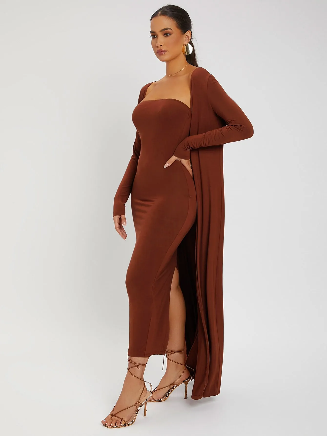 Split Hem Tube Bodycon Dress Open Front Coat