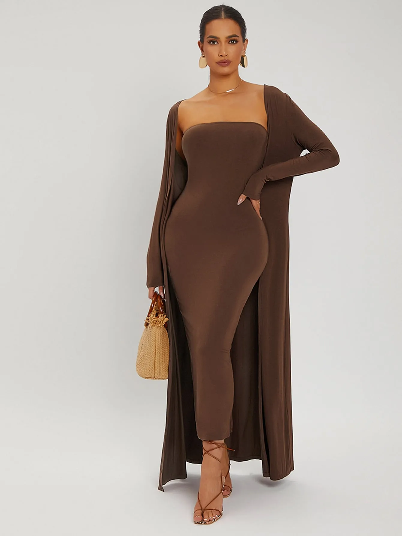 Split Hem Tube Bodycon Dress Open Front Coat