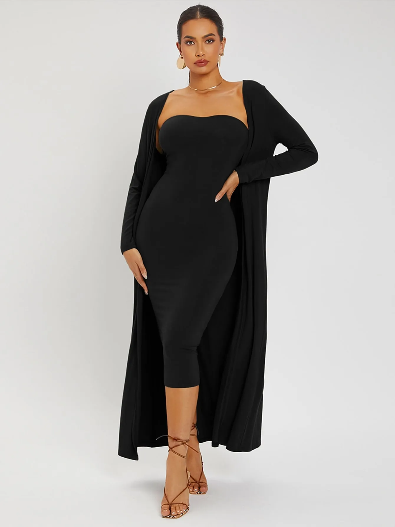 Split Hem Tube Bodycon Dress Open Front Coat