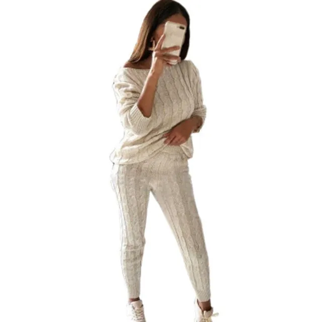 Sweater Set Ladies Warm Knitted Sets O Neck