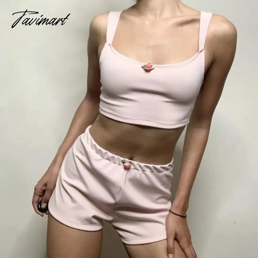 Tavimart 90s Vintage Floral Backless Copped Tops Camisole Vest   Shorts Summer 2 Piece Clothes Set Women Y2K Aesthetics 00s Retro Outfits