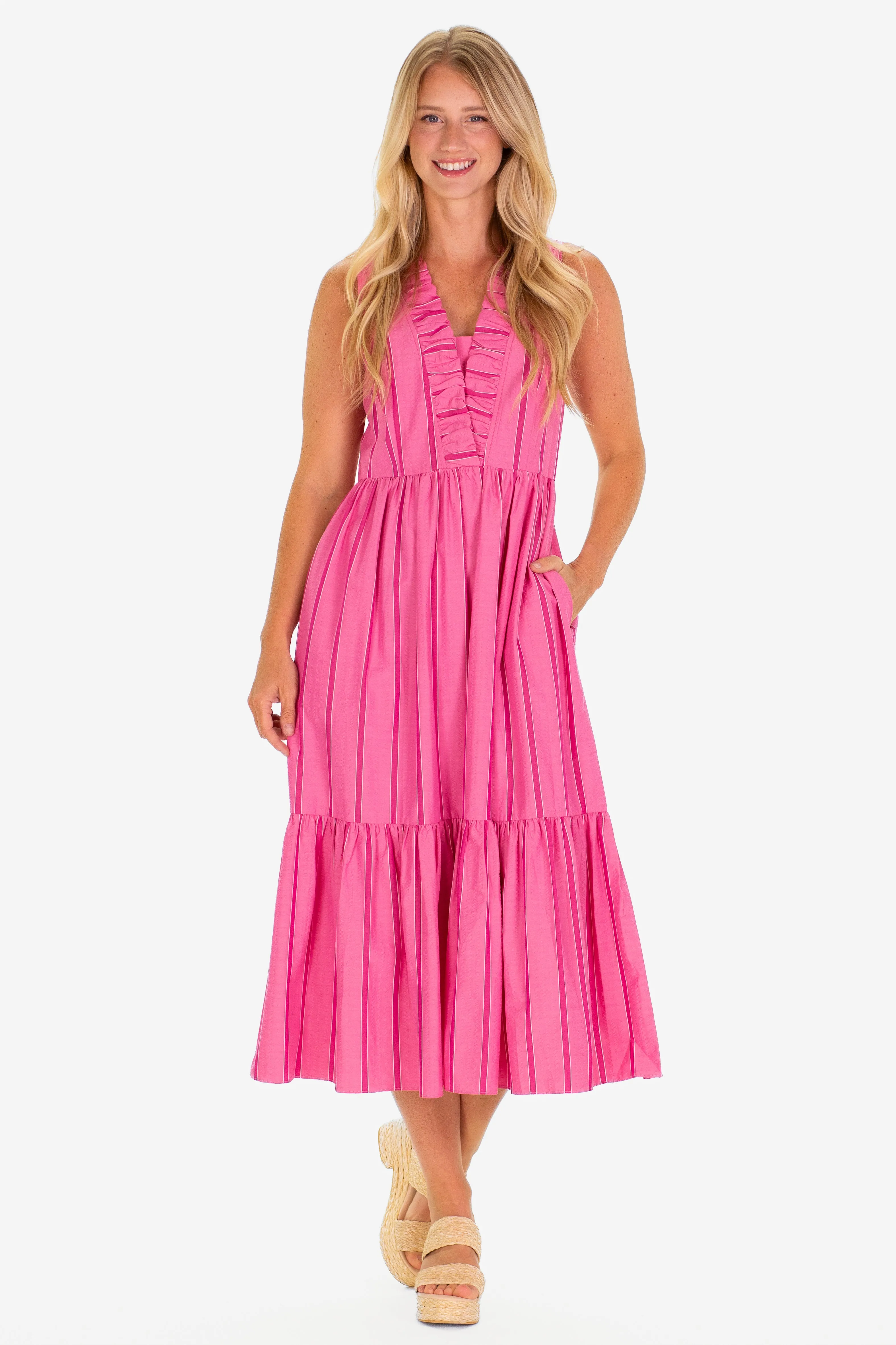 The Delphine Dress in Candy Pink Seersucker