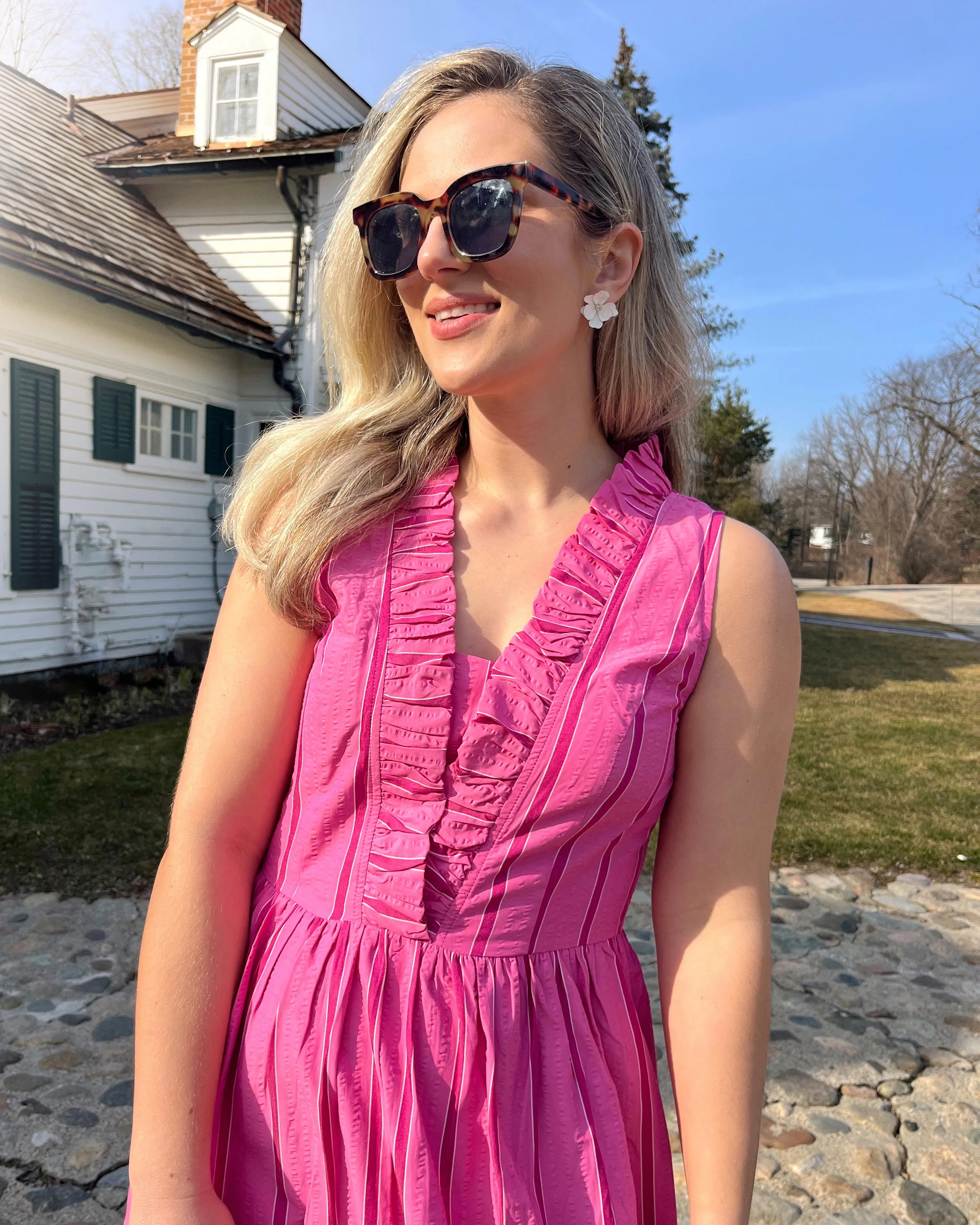 The Delphine Dress in Candy Pink Seersucker