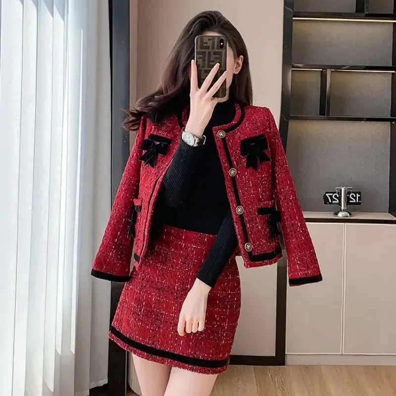 Two Piece Dress Elegant Autumn White Short Mini Bodycon Suit Skirt Single-breasted Bow Coat 2 Pieces Suits Work Business Tweed Women Set 231205