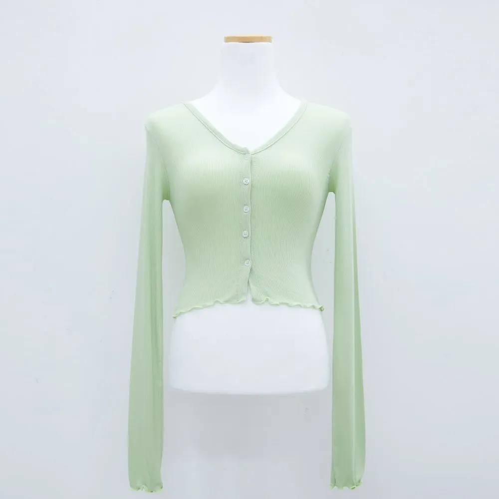 V-neck Frill Long-sleeve Cardigan T-shirt L1002