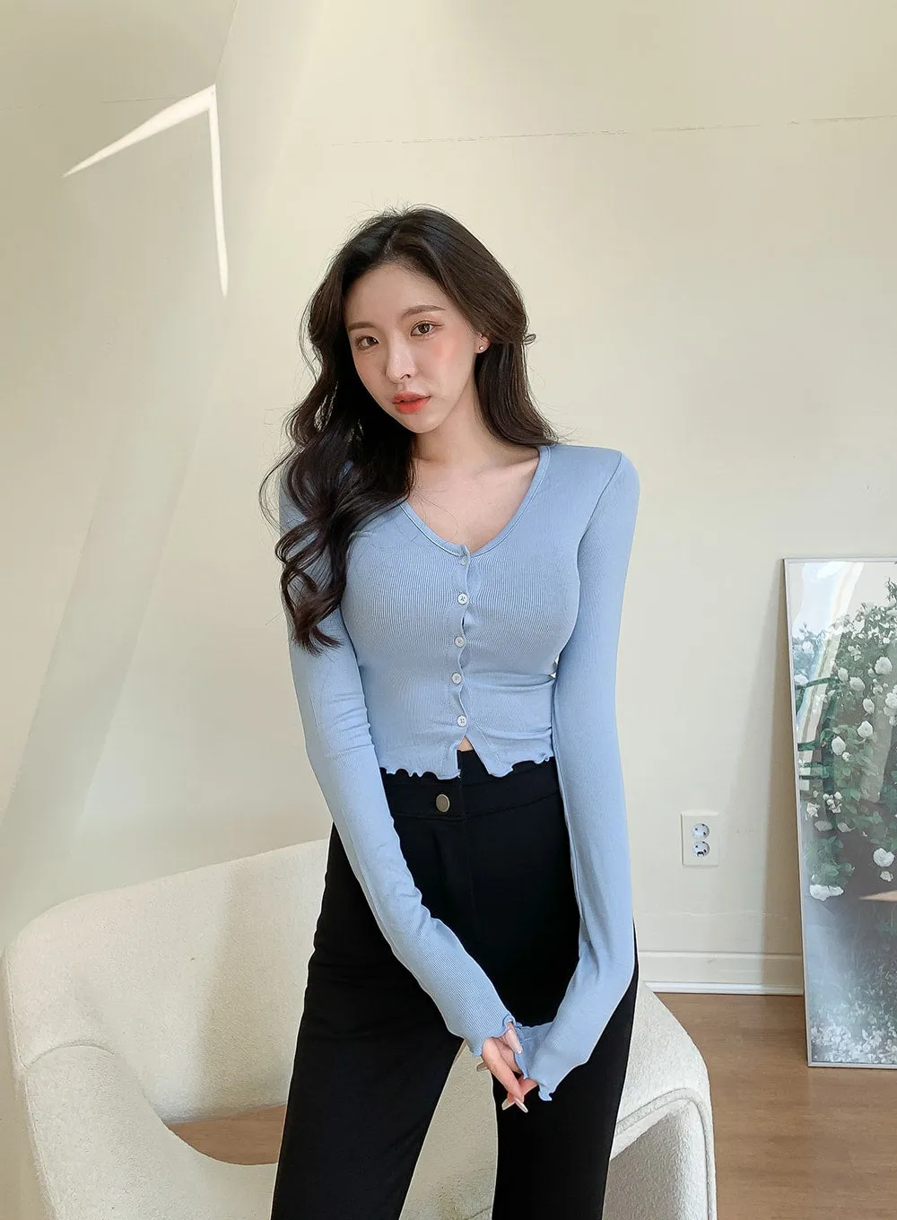 V-neck Frill Long-sleeve Cardigan T-shirt L1002