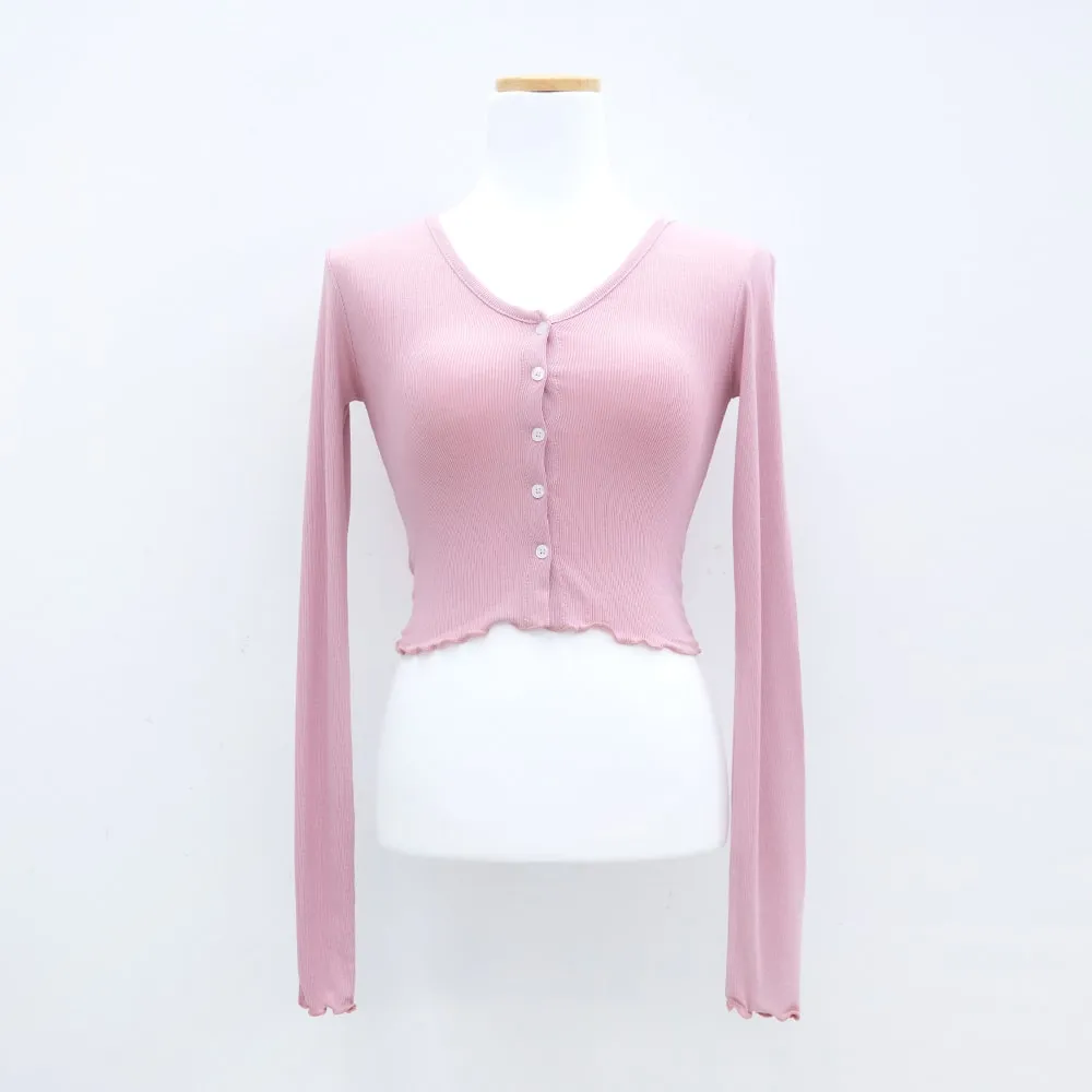 V-neck Frill Long-sleeve Cardigan T-shirt L1002