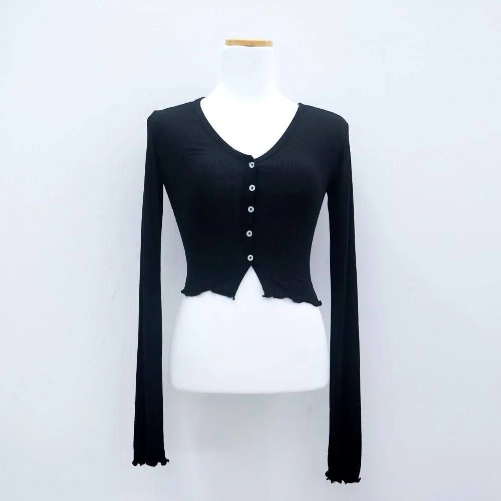 V-neck Frill Long-sleeve Cardigan T-shirt L1002