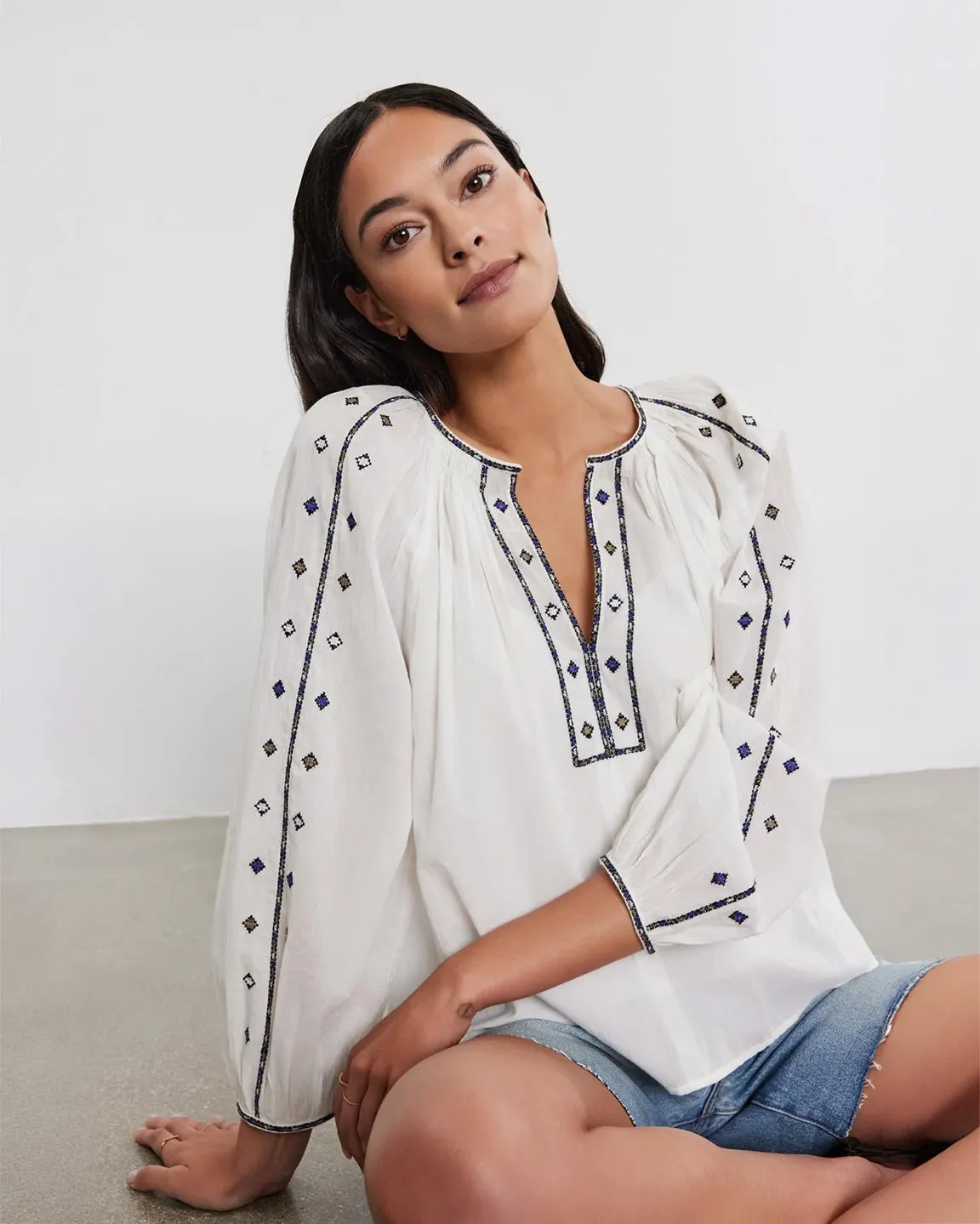 velvet by Graham and Spencer Tina Crosshatch Embroidered Top in White