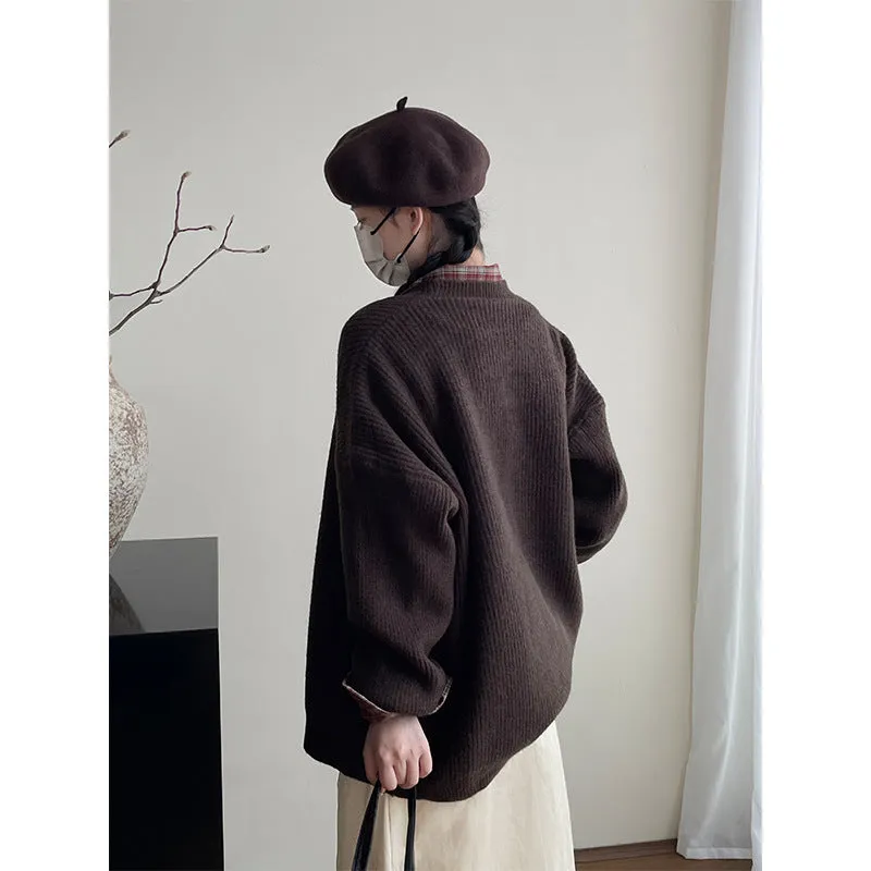 Wenkouban 90s streetwear Retro Style Mid-Length Sweater Coat Casual All-Match Soft Knitted Cardigan