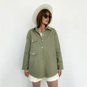 Wenkouban social worker outfits Green Workwear Shirt Women's Loose Long Sleeve Shirt Cardigan Jacket Coat