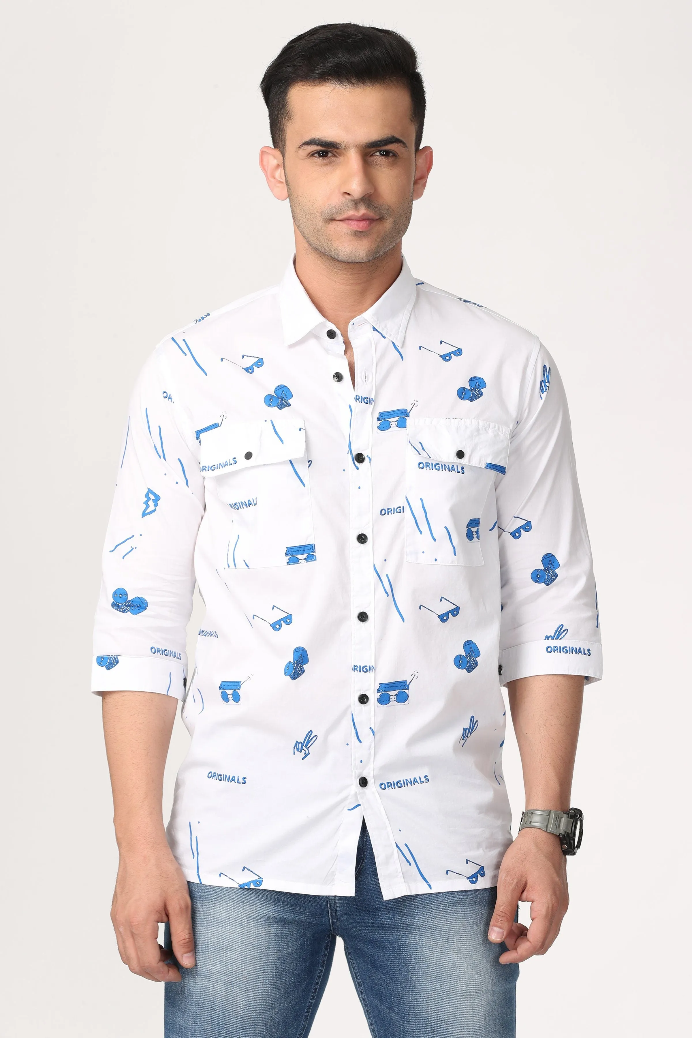 White with Blue Pattern 3/4 Sleeve Shirt