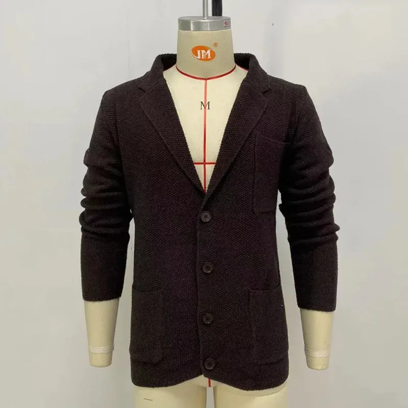 Wiaofellas New Cardigan Jacket Solid Color Thick Warm Casual Brown Sweatercoat Mens Stand Collar Knitted Coat Long Sleeve Sweater