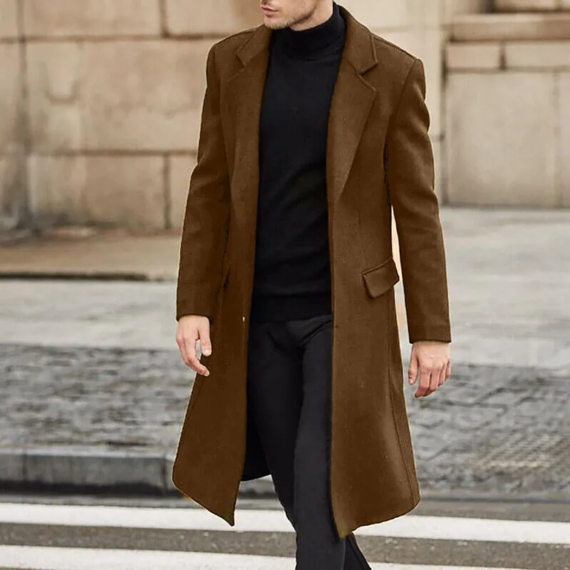 Winter Warm Formal Wool Coat For Men Long Jacket Overcoat Fashion Trench Cardigan Solid Color Fashion Label Collar Outwear Male