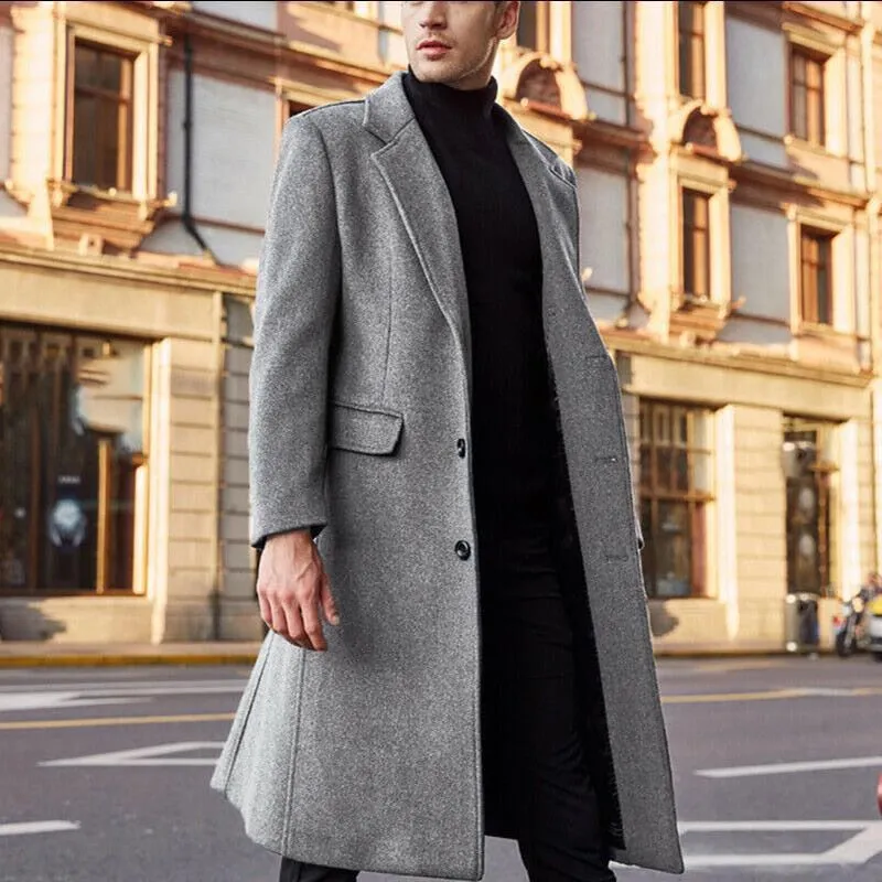 Winter Warm Formal Wool Coat For Men Long Jacket Overcoat Fashion Trench Cardigan Solid Color Fashion Label Collar Outwear Male