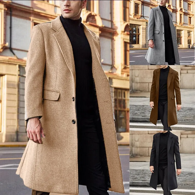 Winter Warm Formal Wool Coat For Men Long Jacket Overcoat Fashion Trench Cardigan Solid Color Fashion Label Collar Outwear Male