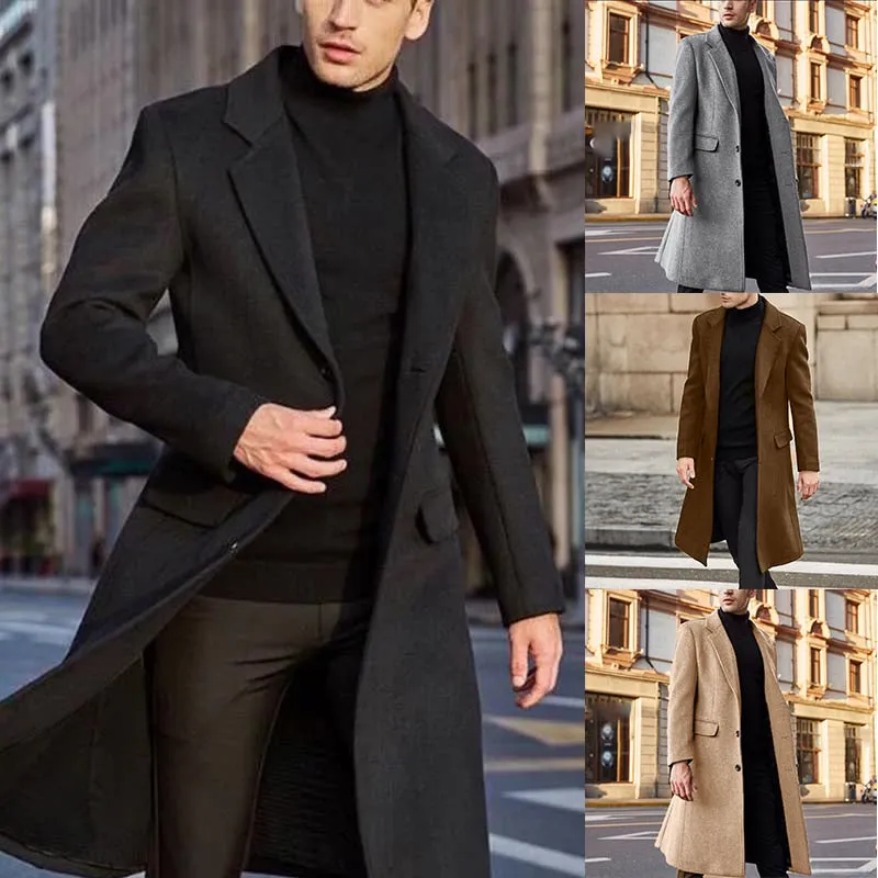 Winter Warm Formal Wool Coat For Men Long Jacket Overcoat Fashion Trench Cardigan Solid Color Fashion Label Collar Outwear Male