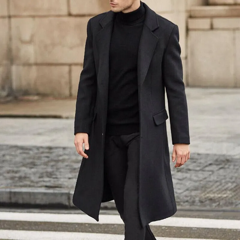 Winter Warm Formal Wool Coat For Men Long Jacket Overcoat Fashion Trench Cardigan Solid Color Fashion Label Collar Outwear Male