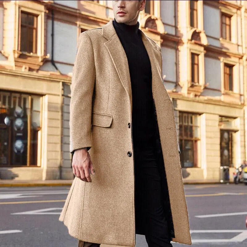 Winter Warm Formal Wool Coat For Men Long Jacket Overcoat Fashion Trench Cardigan Solid Color Fashion Label Collar Outwear Male