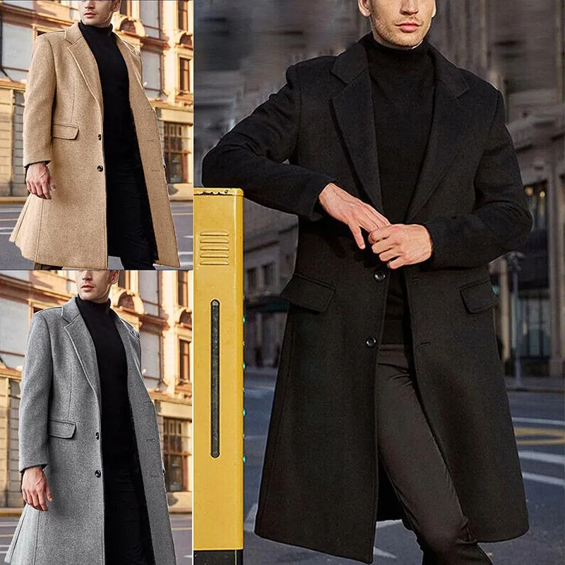 Winter Warm Formal Wool Coat For Men Long Jacket Overcoat Fashion Trench Cardigan Solid Color Fashion Label Collar Outwear Male