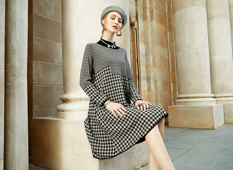 Wjczt Women Black Bird Lattice Midi Dress Autumn Winter Thick Warm Korean Vintage Casual Sweaters Elegant Bodycon Coat Sweaters