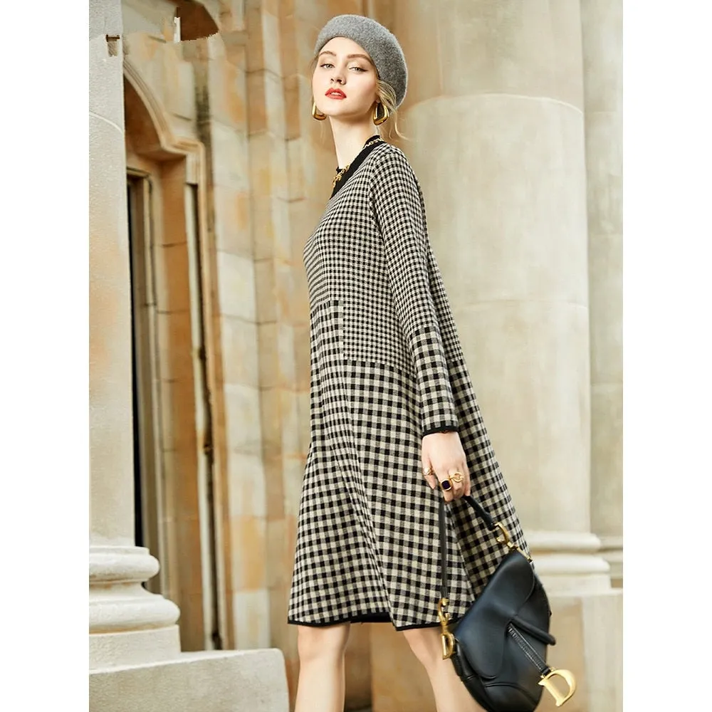 Wjczt Women Black Bird Lattice Midi Dress Autumn Winter Thick Warm Korean Vintage Casual Sweaters Elegant Bodycon Coat Sweaters