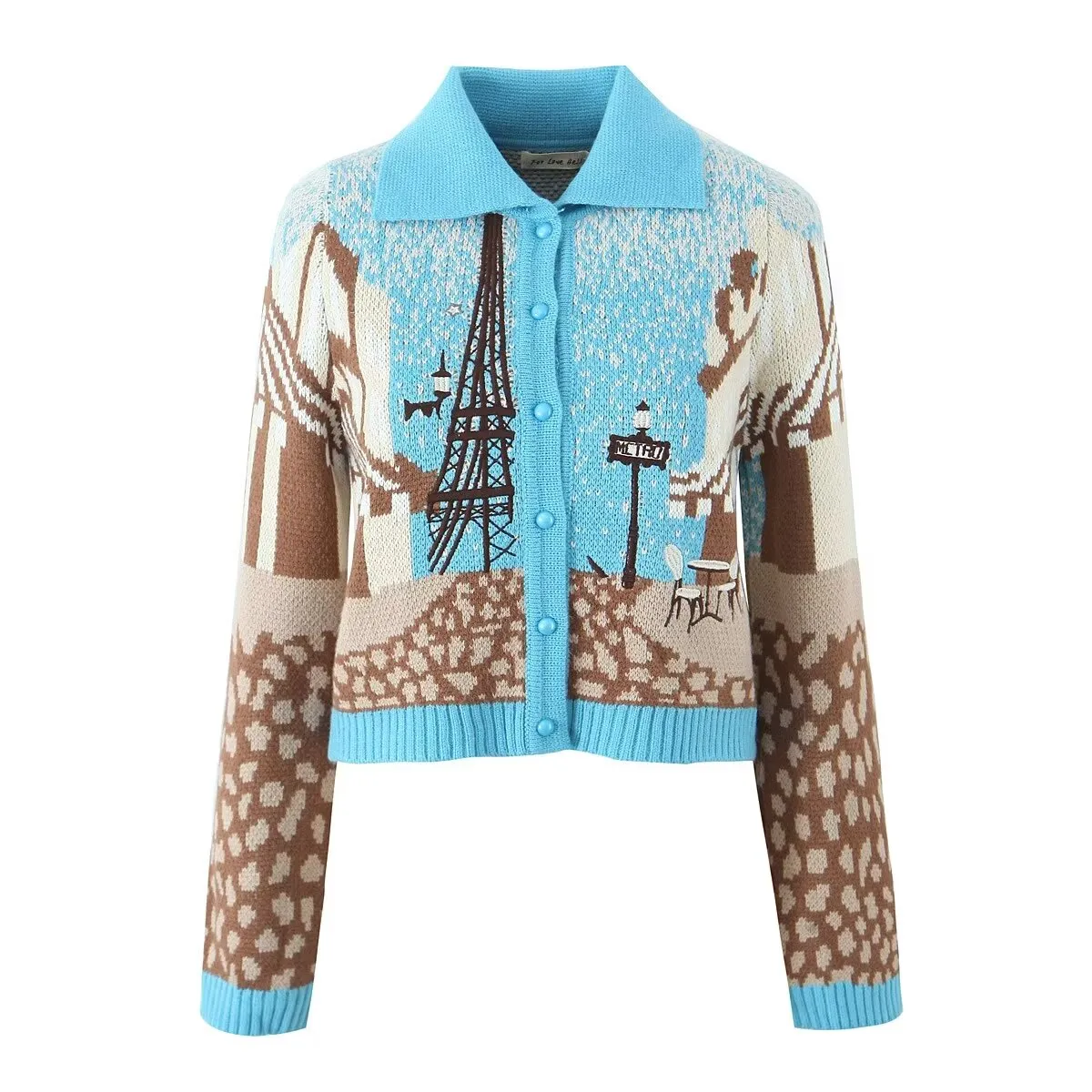 Women Clothing Autumn Winter Knitted Cardigan Sweet Embroidery Collared Sweater Coat