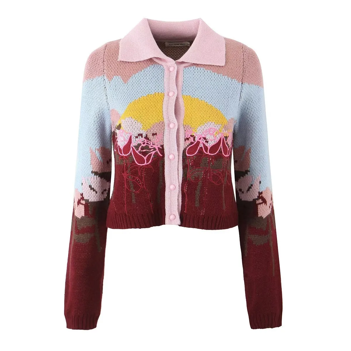 Women Clothing Autumn Winter Knitted Cardigan Sweet Embroidery Collared Sweater Coat