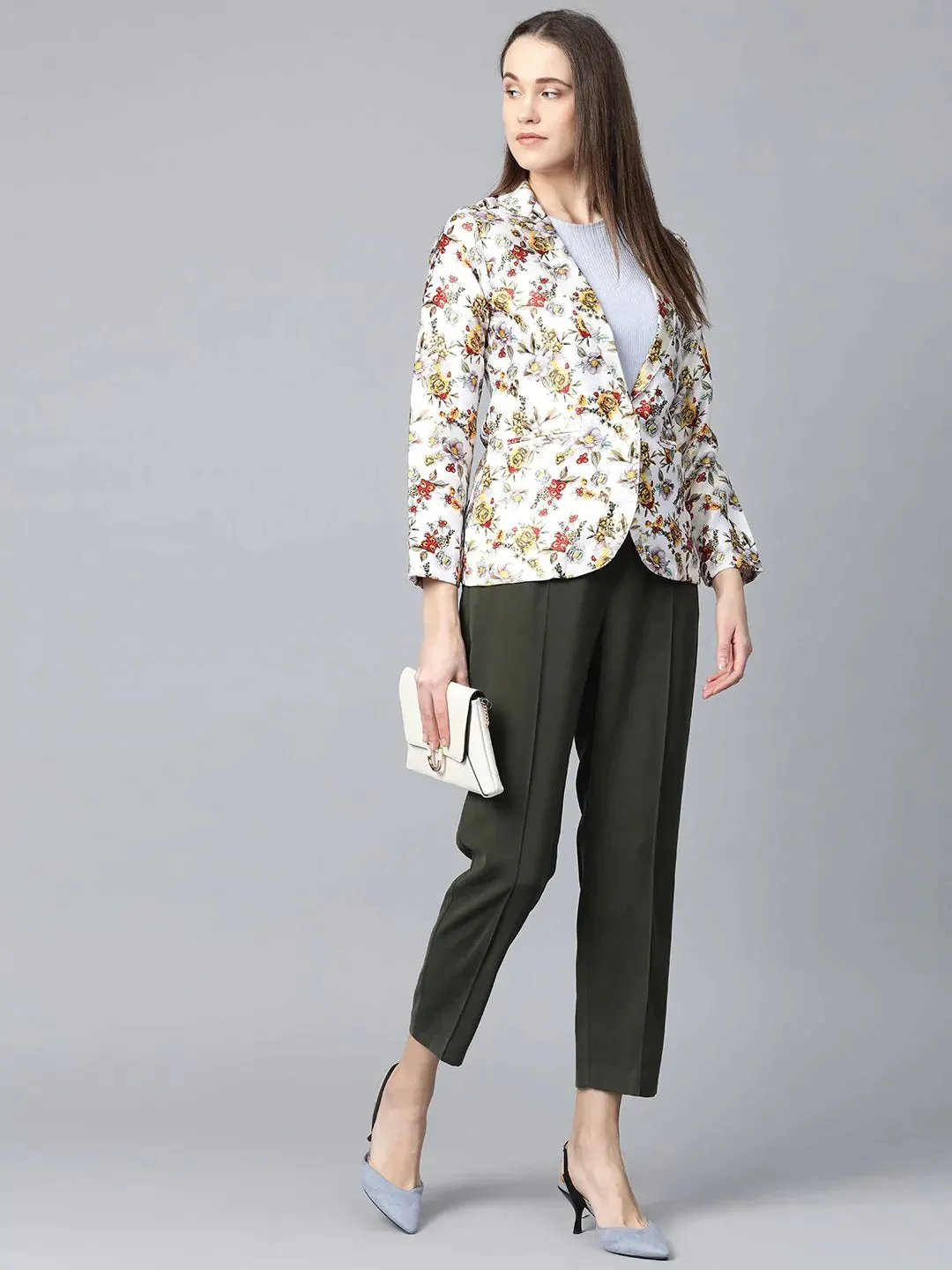 Women White & Yellow Satin Finish Floral Print Single-Breasted Blazer