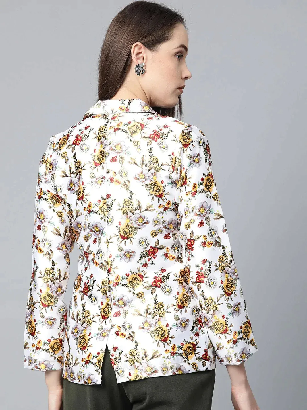 Women White & Yellow Satin Finish Floral Print Single-Breasted Blazer