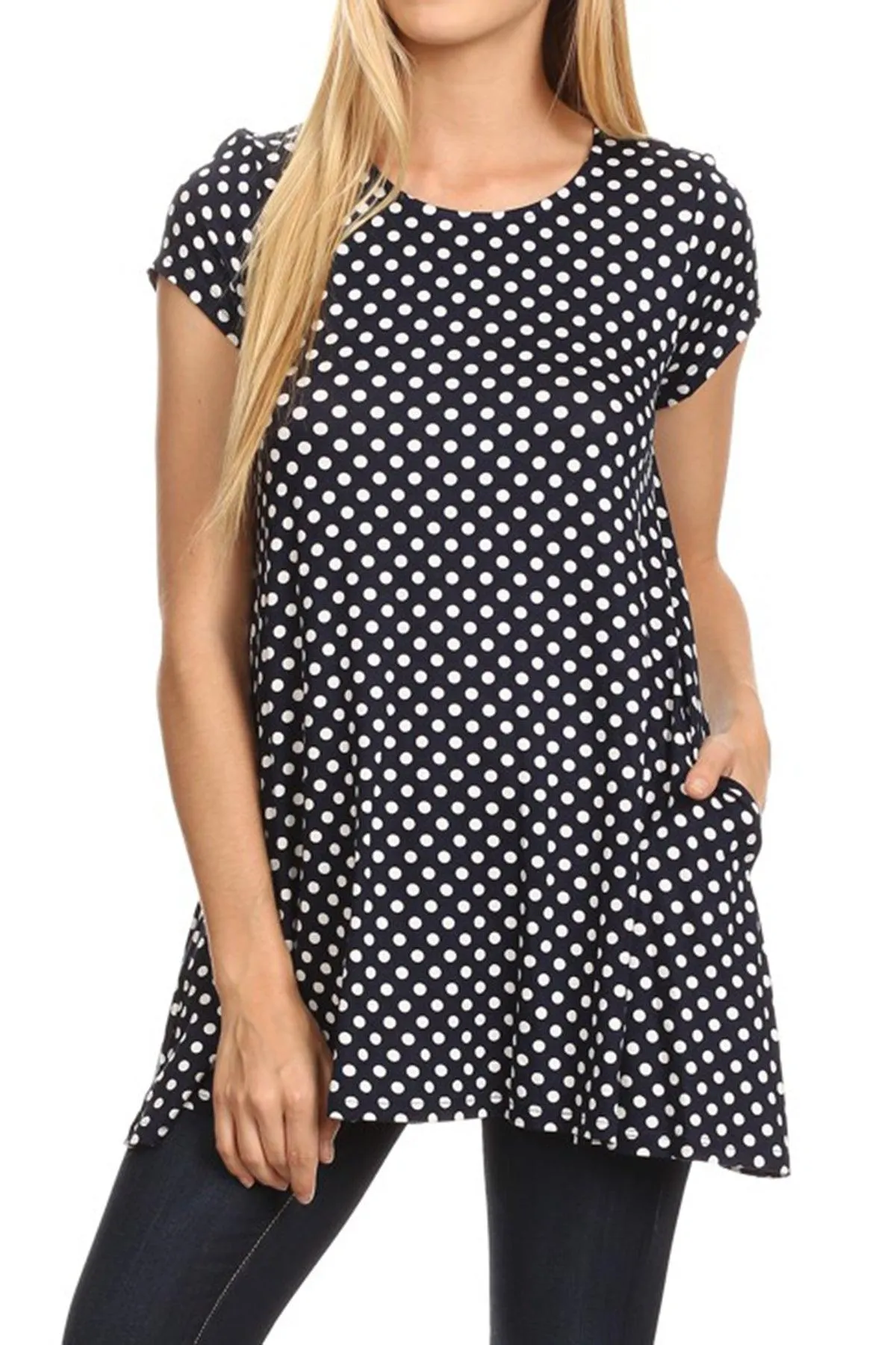 Women's Casual Polka Dot Short Sleeve Round Neck Tunic Tops with Side Pockets