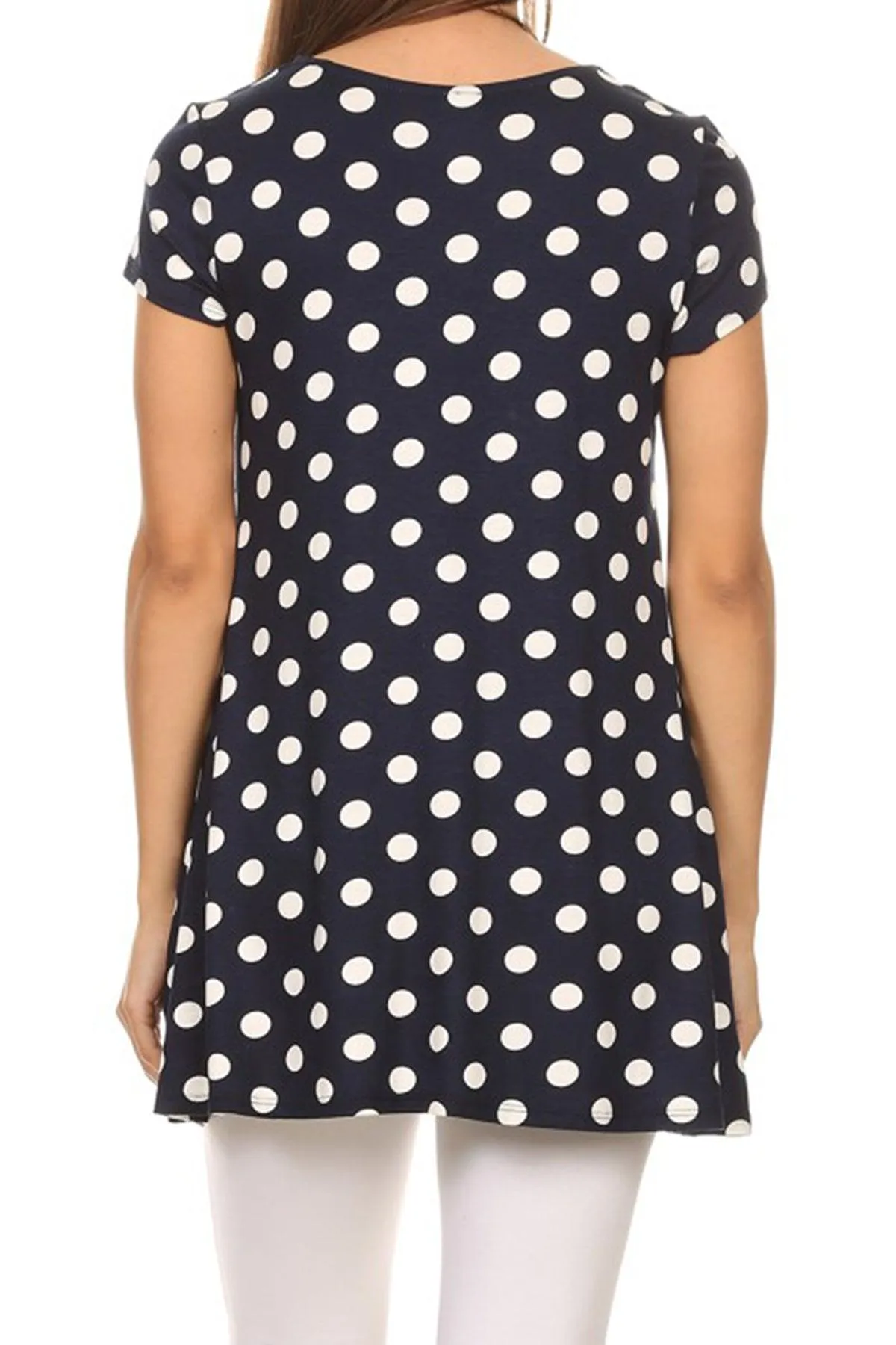 Women's Casual Polka Dot Short Sleeve Round Neck Tunic Tops with Side Pockets