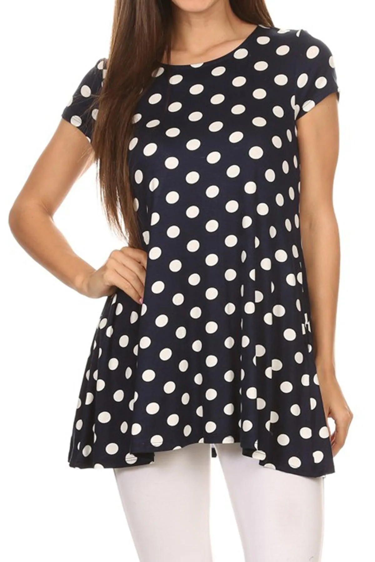 Women's Casual Polka Dot Short Sleeve Round Neck Tunic Tops with Side Pockets