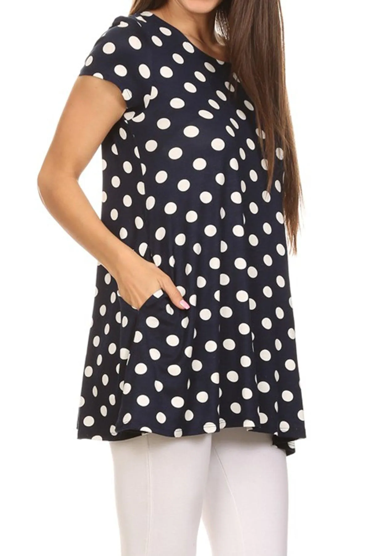 Women's Casual Polka Dot Short Sleeve Round Neck Tunic Tops with Side Pockets