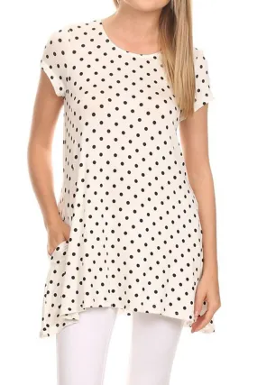 Women's Casual Polka Dot Short Sleeve Round Neck Tunic Tops with Side Pockets