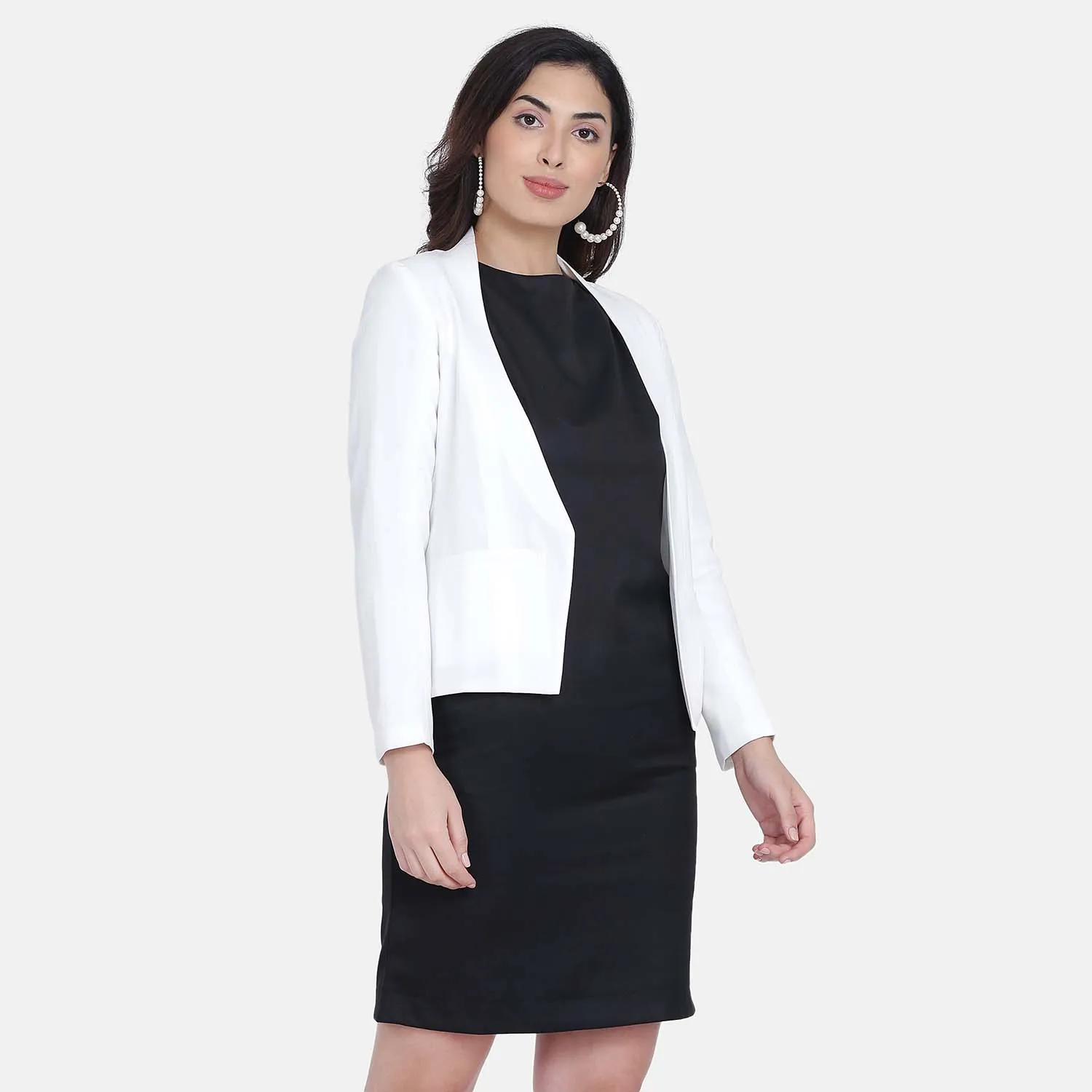 Women's Full sleeves White Poly Moss No Lapel Jacket