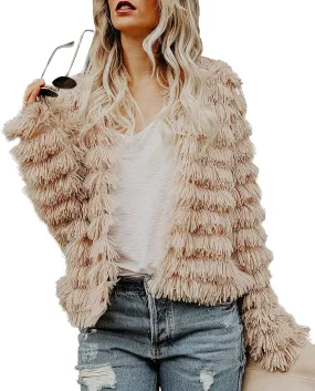 Womens Open Front Faux Fur Cardigan Vintage Parka Shaggy Jacket Coat