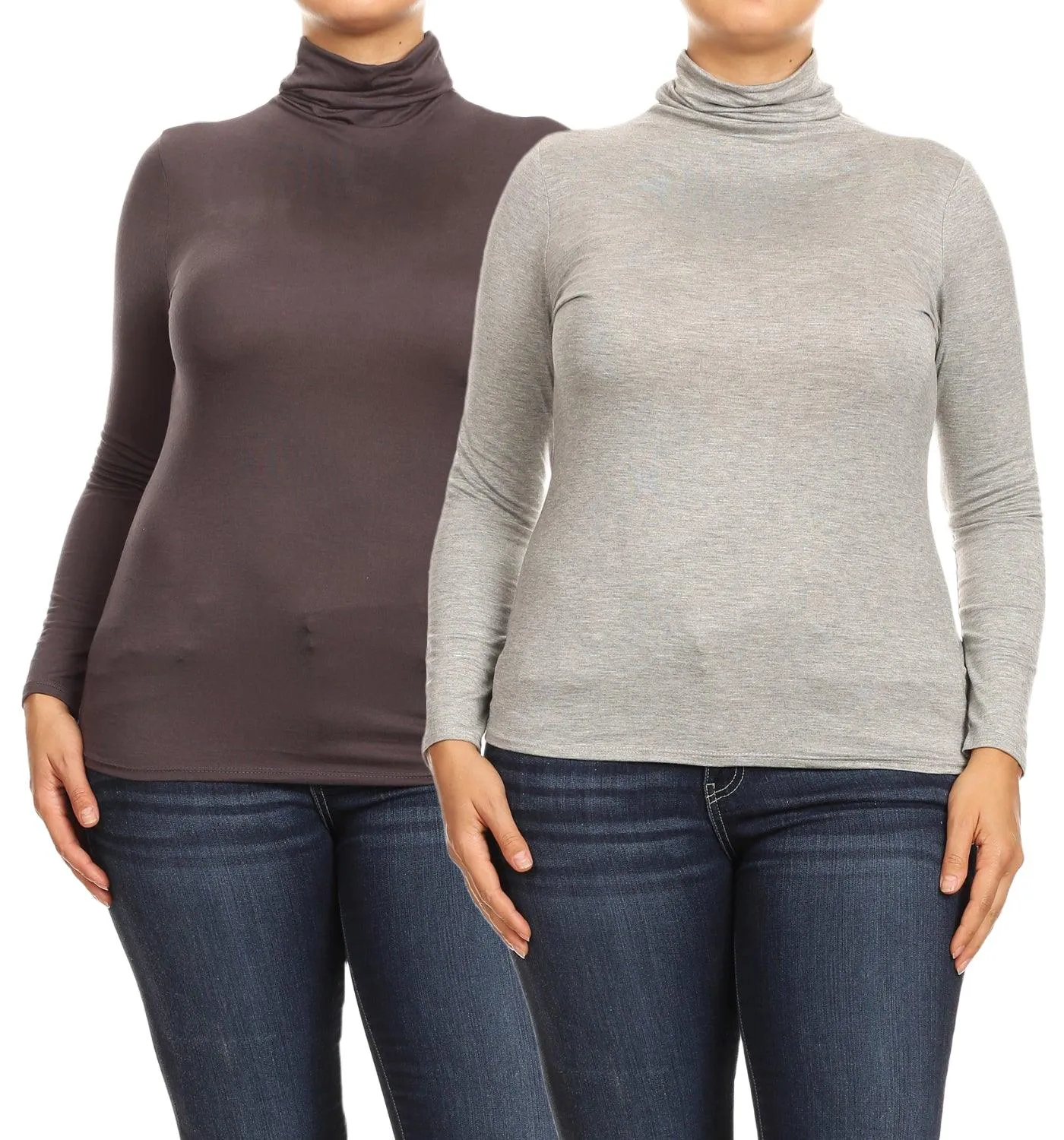 Women's Plus Size Fitted Long Sleeve Solid Turtleneck Sweater (Pack of 2)