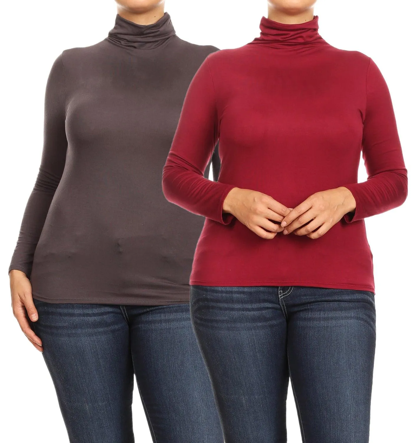 Women's Plus Size Fitted Long Sleeve Solid Turtleneck Sweater (Pack of 2)