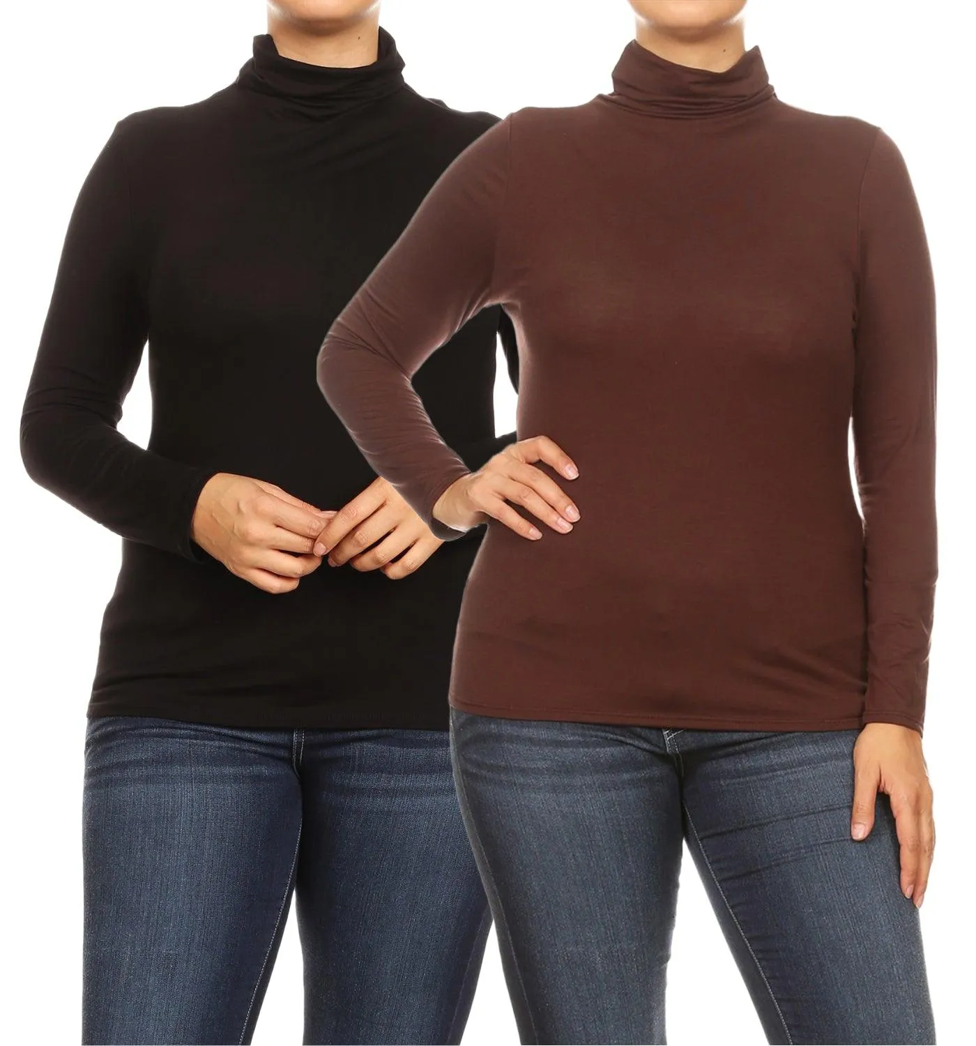 Women's Plus Size Fitted Long Sleeve Solid Turtleneck Sweater (Pack of 2)